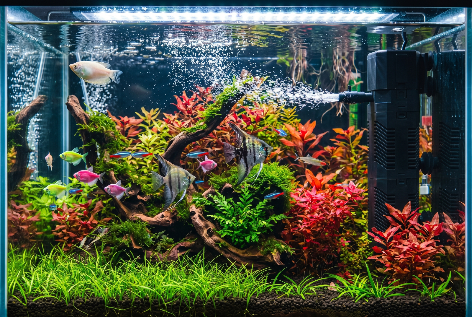 Sunsun HJ-732 internal aquarium filter motor with venturi air pipe providing oxygenation in a high-tech planted tank with Angelfish and red aquatic plants.