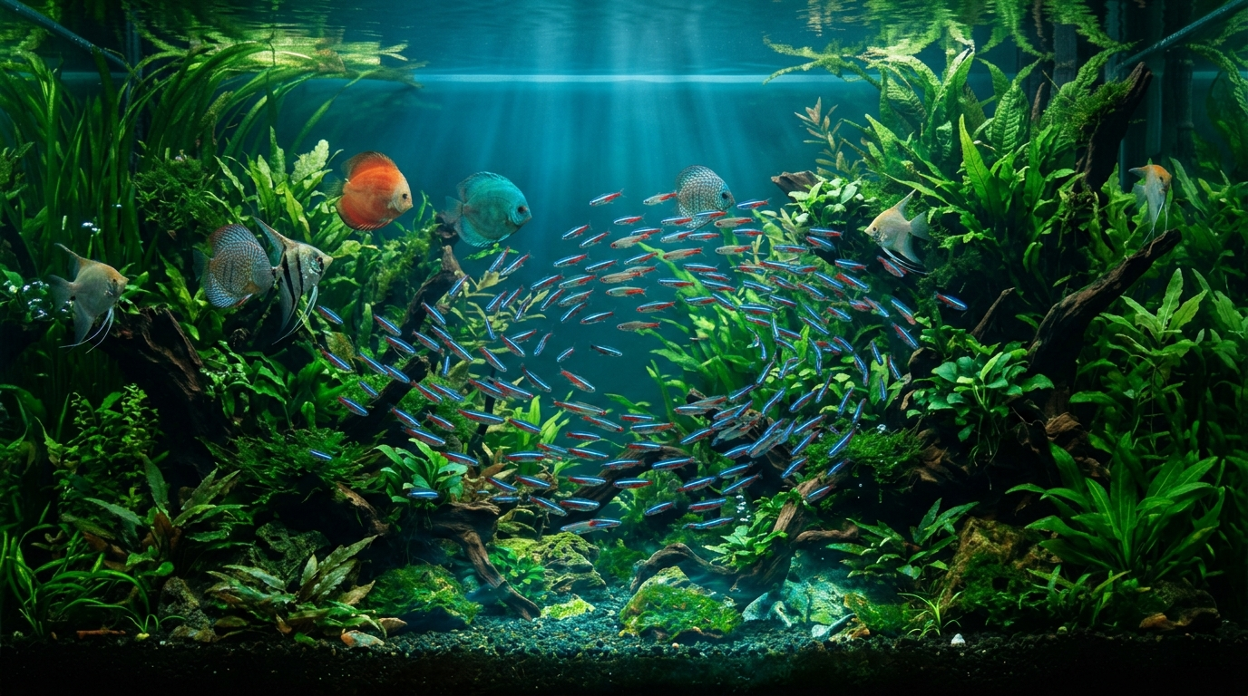A professionally aquascaped nature aquarium with a school of neon tetras, discus, and angelfish among lush aquatic plants and driftwood—available at Filial Aquatics.